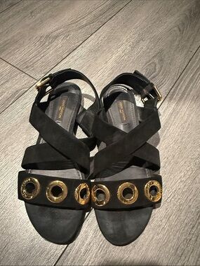 Authentic Louis Vuitton Black Suede Crisscross Sandals with Gold Eyelet Detail